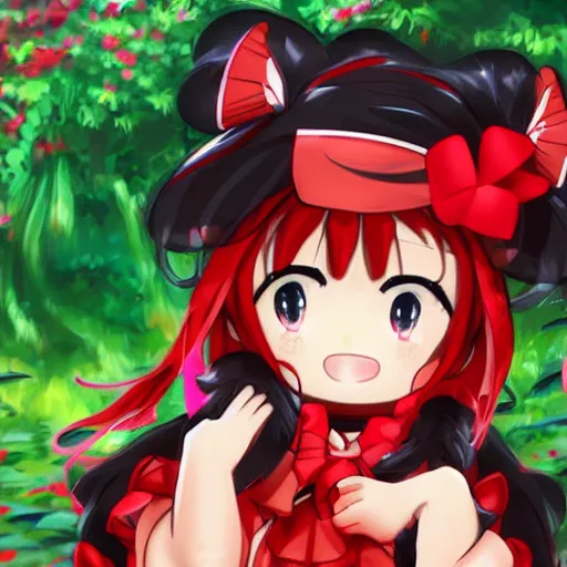 Image similar to reimu in the jungle wearing bonnet