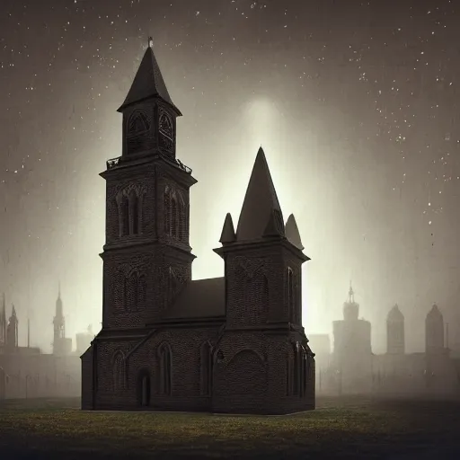 Image similar to victorian church in the middle of the city, dark, misty, at night, 8 k, detailed, concept art, trending on artstation