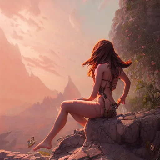 Image similar to highly detailed painting of emma watson wearing a bikini knight armor, stephen bliss, 8 k, by greg rutkowski, loish, rhads, artgerm, ferdinand knab, makoto shinkai and lois van baarle, ilya kuvshinov, rossdraws, global illumination, radiant light, detailed and intricate environment