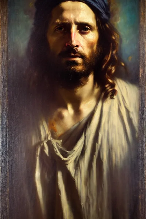 Image similar to photograph imax and solomon joseph solomon and richard schmid and jeremy lipking victorian loose genre loose painting full length portrait painting of jesus