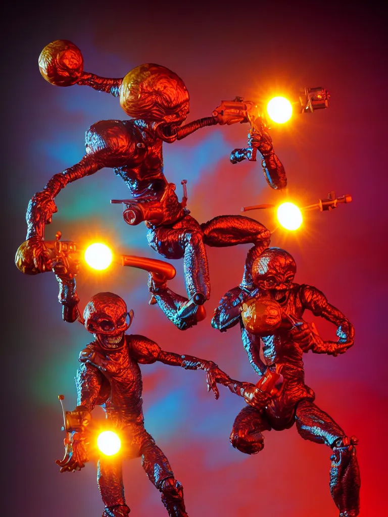 Prompt: hyperrealistic rendering, shiny mars attacks martian by art of skinner and richard corben and jeff easley, product photography, action figure, sofubi, studio lighting, colored gels, rimlight, backlight