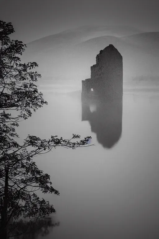 Image similar to brocken spectre, ghost of the lake, ruined castle