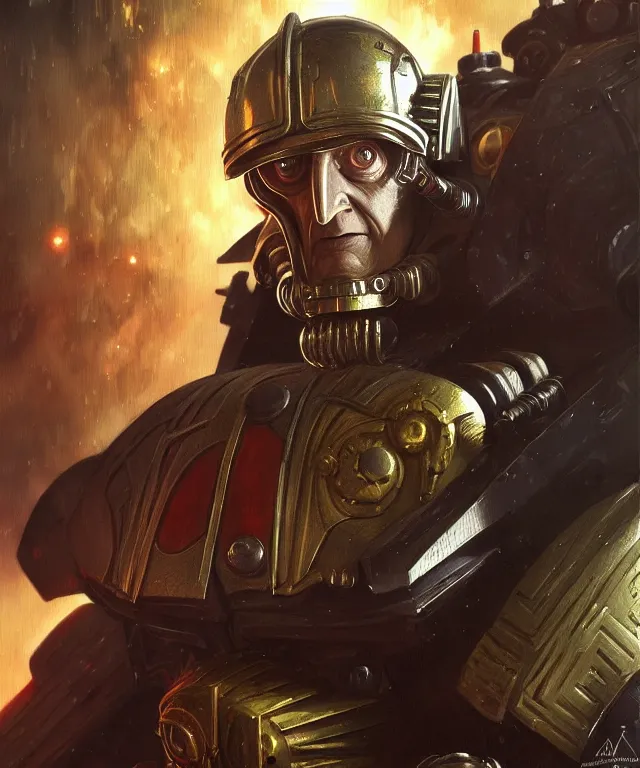 Image similar to Tom Pertwee Doctor Who as Warhammer 40k Space Marine, portrait, fantasy, intricate, elegant, highly detailed, digital painting, artstation, concept art, smooth, sharp focus, illustration, art by artgerm and greg rutkowski and alphonse mucha