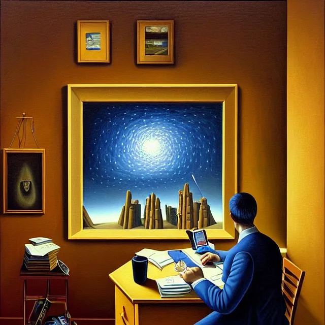 Image similar to an oil on canvas portrait of a business man in his office studying, surrealism, surrealist, cosmic horror, rob gonsalves, high detail