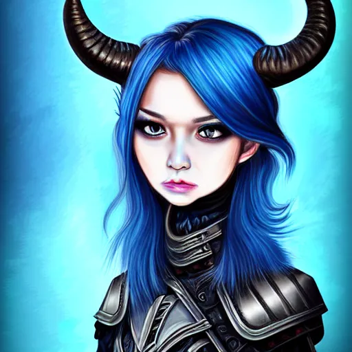 Image similar to illustrated realistic portrait female ram-horned kobold blue hair with black evil devil eyes wearing strap leather armor by rossdraws
