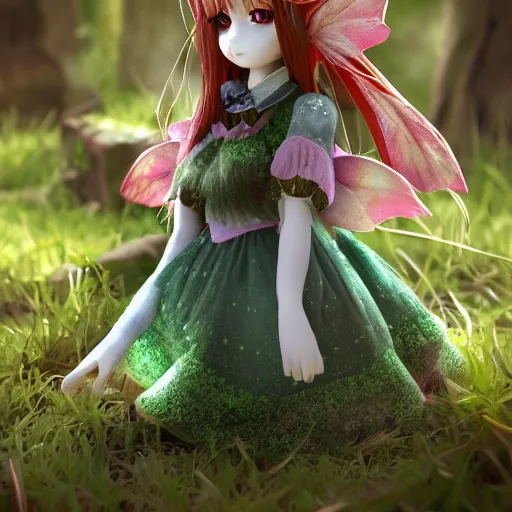 Prompt: cute fumo plush of a girl of the fae, fairy folk, ritual dress, natural bokeh vray render