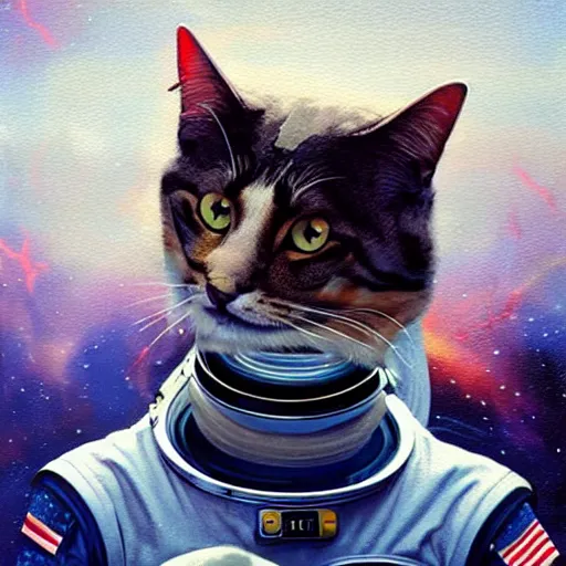 Prompt: cat as american astronaut in the space profile picture by greg rutkowski and fujita, goro and kunkle, brad, asymmetrical, organic painting, glitch, matte painting, geometric shapes, hard edges, street art, trending on the artstation, realistic, graffity : 2 by sachin teng : 4, blur : - 5