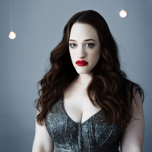 Prompt: a still of KAT DENNINGS. Shallow depth of field. City at night in background, lights, colors ,studio lighting, mood, 4K. Profession photography