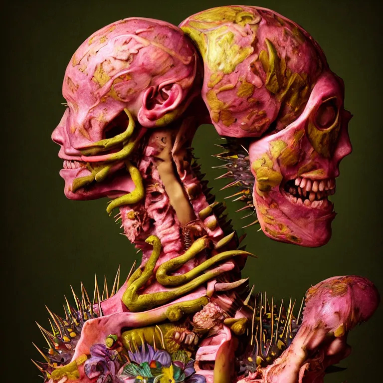 Prompt: portrait of faceless warrior, surrounded by pastel tropical flowers, tropical fruit, human spine, rotten meat flesh with colorful mold, muscle tissue, spikes, baroque painting, beautiful detailed intricate insanely detailed octane render, 8K artistic photography, photorealistic, chiaroscuro, Raphael, Caravaggio, H.R.Giger