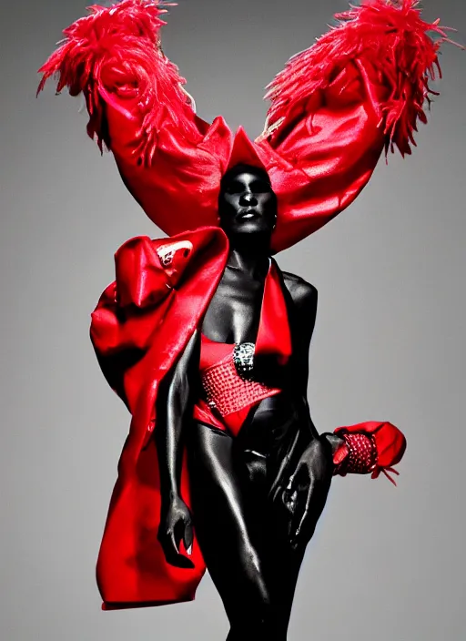 Image similar to grace jones styled by nick knight posing, set pieces, intricate set, vogue magazine, canon, highly realistic. high resolution. highly detailed. dramatic. 8 k. 4 k.