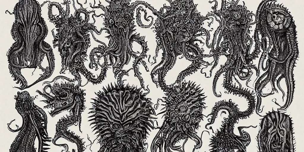 Image similar to detailing reference sheet of lovecraftian unnamed creatures in the style of copper plate etching by biologist