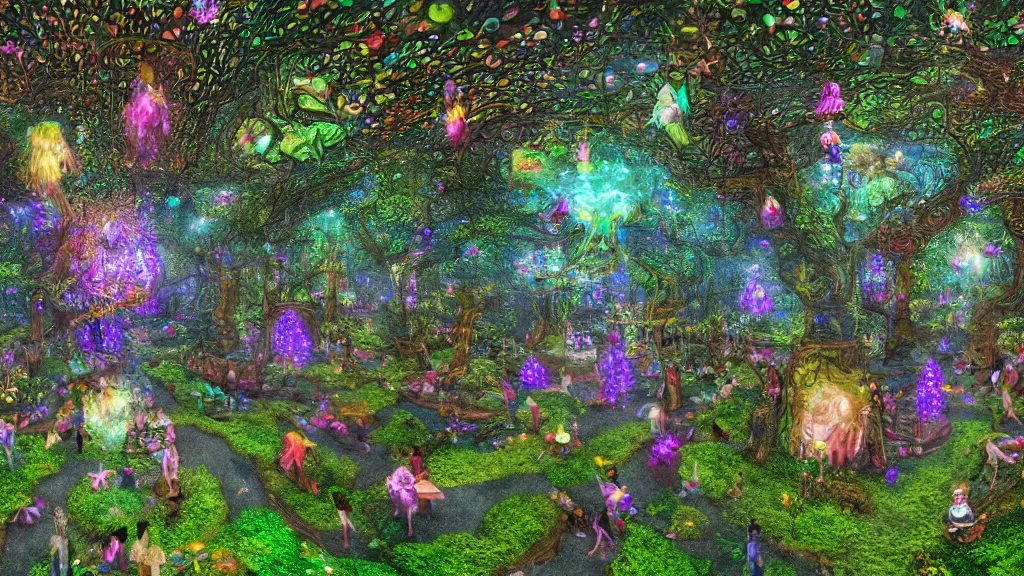 Image similar to 4k, acid trip, hall of mirrors, ultra detailed, a hyperrealistic image of a mycelium forest with fairies and pixies and birds