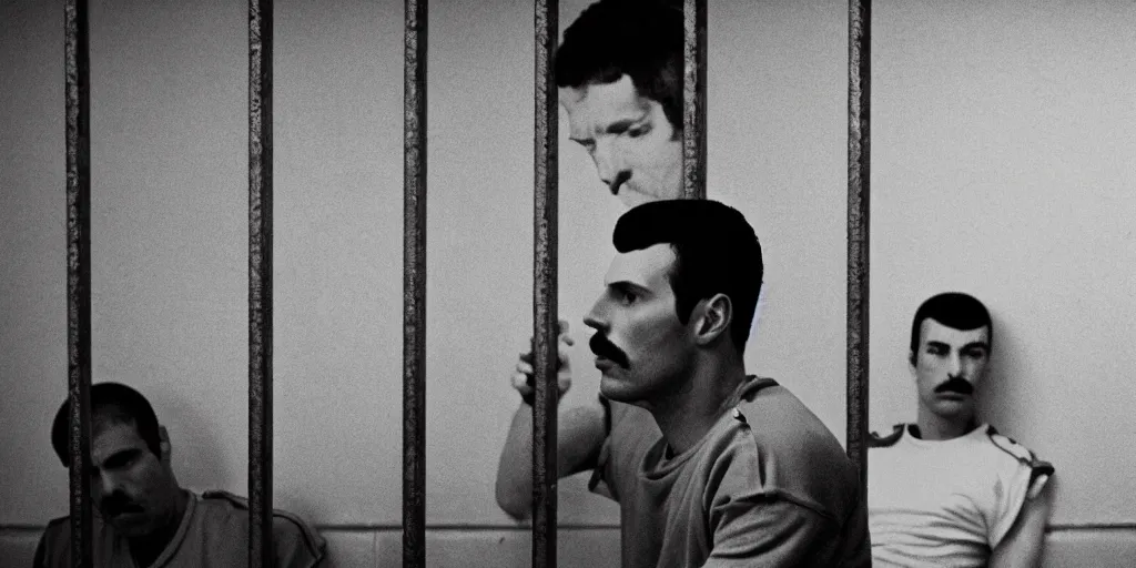 Prompt: freddie mercury sits behind bars in a russian prison, black and white photo, realism, 3 5 mm, prisoners in the background, good lighting