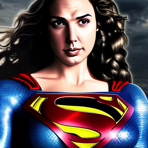 Image similar to an potrait of gal Gadot cast of movie man of steel and wearing a superman suit, photorealistic high detail, view from below, High Quality.