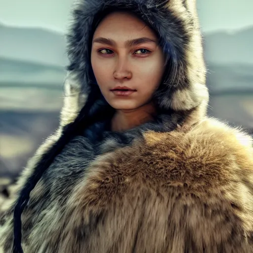 Image similar to portrait of a stunningly beautiful siberian tribal female, depth of field, zeiss lens, detailed, symmetrical, centered, fashion photoshoot, by Annie Leibovitz and Steve McCurry, David Lazar, Jimmy Nelsson, Breathtaking, 8k resolution, extremely detailed, beautiful, establishing shot, artistic, hyperrealistic, beautiful face, octane render