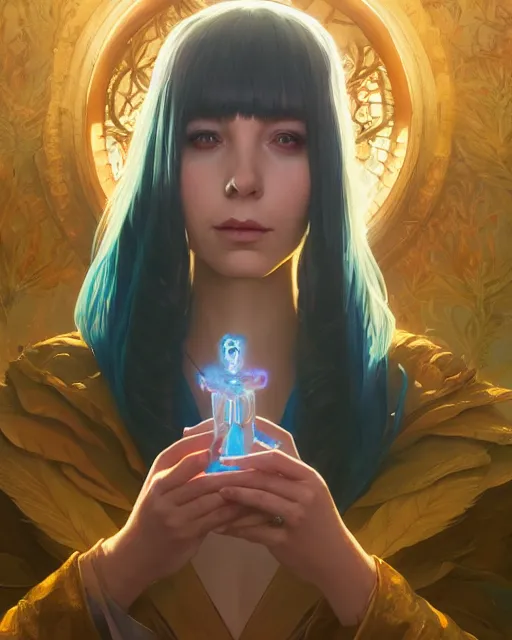 Image similar to highly detailed surreal vfx portrait of a beautiful female magician, stephen bliss, unreal engine, greg rutkowski, loish, rhads, beeple, makoto shinkai and lois van baarle, ilya kuvshinov, rossdraws, tom bagshaw, alphonse mucha, global illumination, detailed and intricate environment