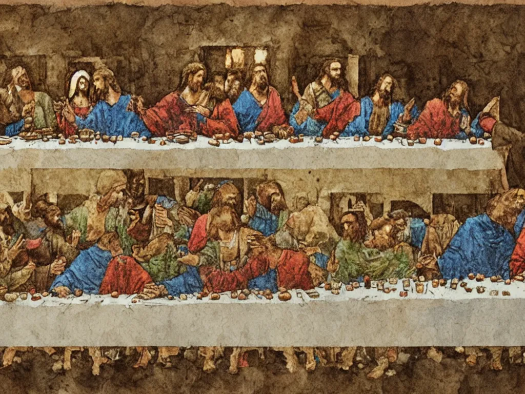 Prompt: a distressed mixed media illustration of the last supper by bill sienkiewicz, asheleywood,