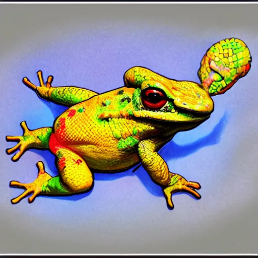 Image similar to toad with wings front view Across holding a hand + rainbow reptile front view Across holding a hand + golden lizard front view, trio, artstation, concept art, master illustration, details, good clear quality, fun - w 704