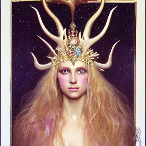 Prompt: a detailed portrait of a blonde haired blue eyed queen of glitter with an antler crown by wayne barlowe and mucha