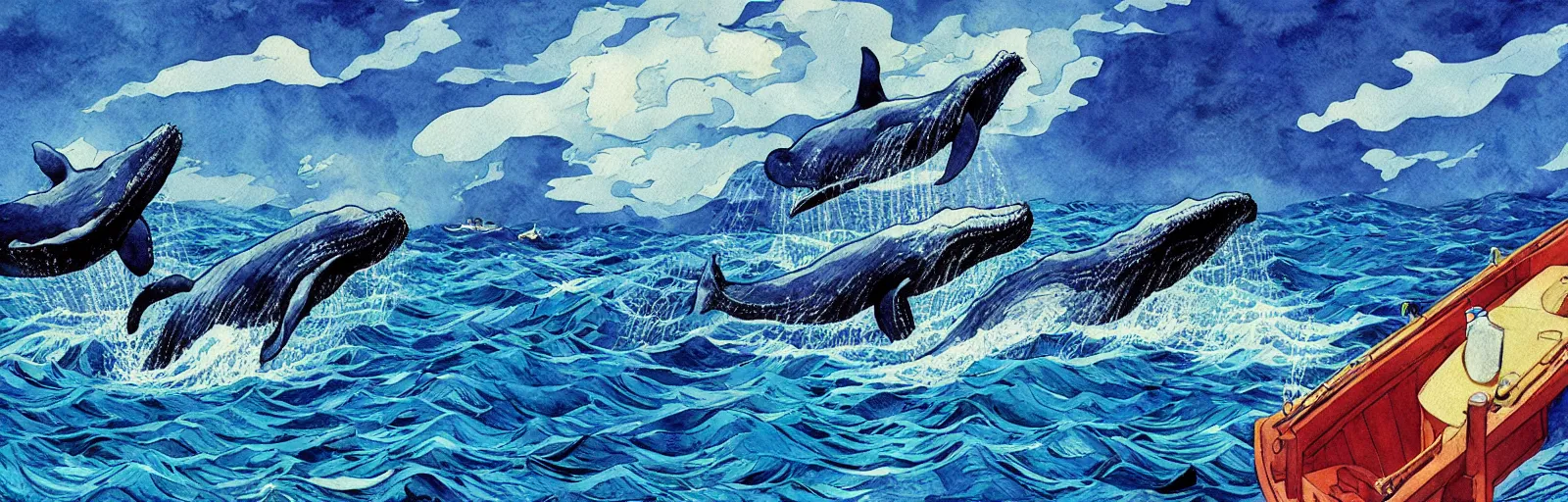 Image similar to whales in the ocean, aesthetically pleasing composition, watercolor painting by hayao miyazaki and vincent van gogh and national geographic, masterful, sharp focus, rich texture, rich vivid color, dynamic, energetic, lively, perspective, elegant design, high detail, hdr.