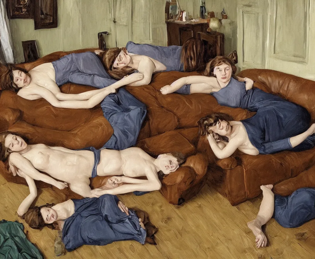 Image similar to portrait of two women lying horizontal, in an empty old english apartment with wooden floor on a brown leather sofa. one is wearing a dark blue sweather, the other a white shirt. brown hair, they are looking into the camera. wide shot. in the style of lucien freud. oil painting. green mood. isometric perspective