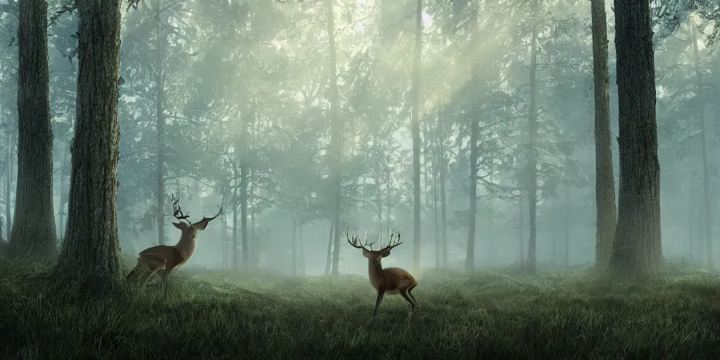 Image similar to forrest with beautiful deer, superwide angle, light through the mist, dramatic lighting, photorealistic, cinematic lighting, high detail, cinematic feel, high octane, 4 k, unreal engine, digital render, intricate, ultra realistic, concept art