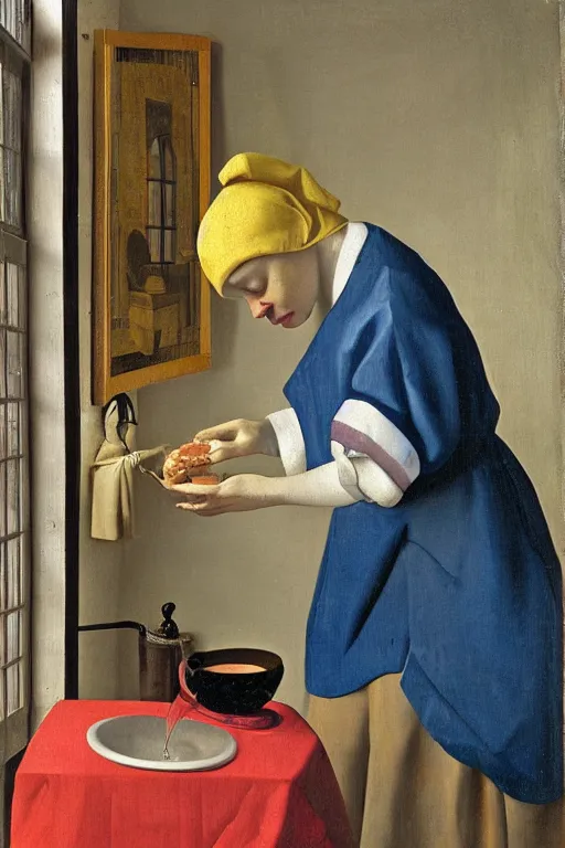 Image similar to person in frog pants drinking hotdog water, vermeer, oil on canvas