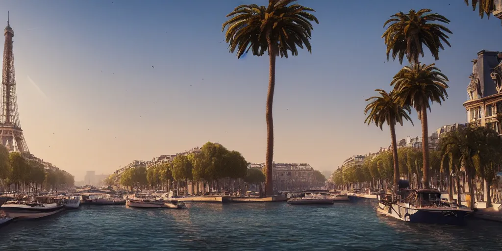 Prompt: the beautiful bustling city of paris rebuilt as a coastal city in california, beautiful weather, palm trees, splendid haussmann architecture, eiffel tower in the middle, digital painting, highly detailed, intricate, concept art, matte painting, trending on artstation, octane render, 8 k, unreal engine