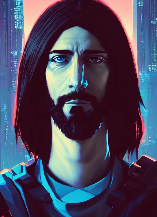 Image similar to « a portrait of a cyberpunk jesus, a character portrait by paul kelpe, reddit contest winner, sots art, ilya kuvshinov, 2 d game art, parallax »