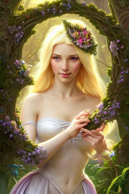 Image similar to beautiful blonde woman in the image of a fairy - tale princess in the garden with a wreath in her hands, deep focus, d & d, fantasy, complex, elegant, highly detailed, digital painting, artstation, concept art, matte, clear focus, illustration, hearthstone, works by artgerm and greg rutkowski and alphonse mucha