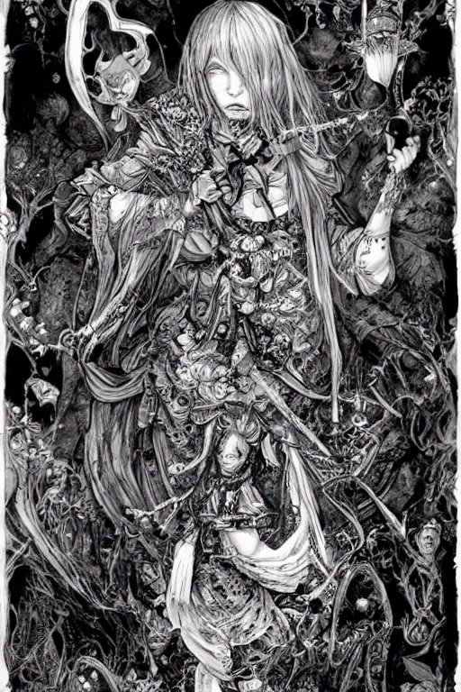 Image similar to Undead Alice in wonderland tarot card , pen and ink, intricate line drawings, by Yoshitaka Amano, Ruan Jia, Kentaro Miura, Artgerm, watercolor