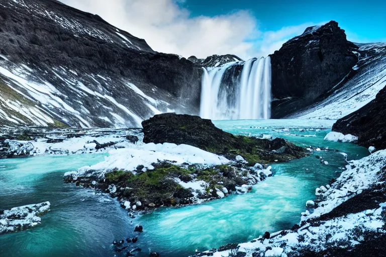 Image similar to photo of a landscape with mountains with waterfalls and snow on top, wallpaper, very very wide shot, blue glacier, iceland, new zeeland, green flush moss, national geographics, professional landscape photography, sunny, day time, beautiful