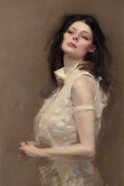 Prompt: Richard Schmid and Jeremy Lipking full length portrait painting of a young beautiful woman