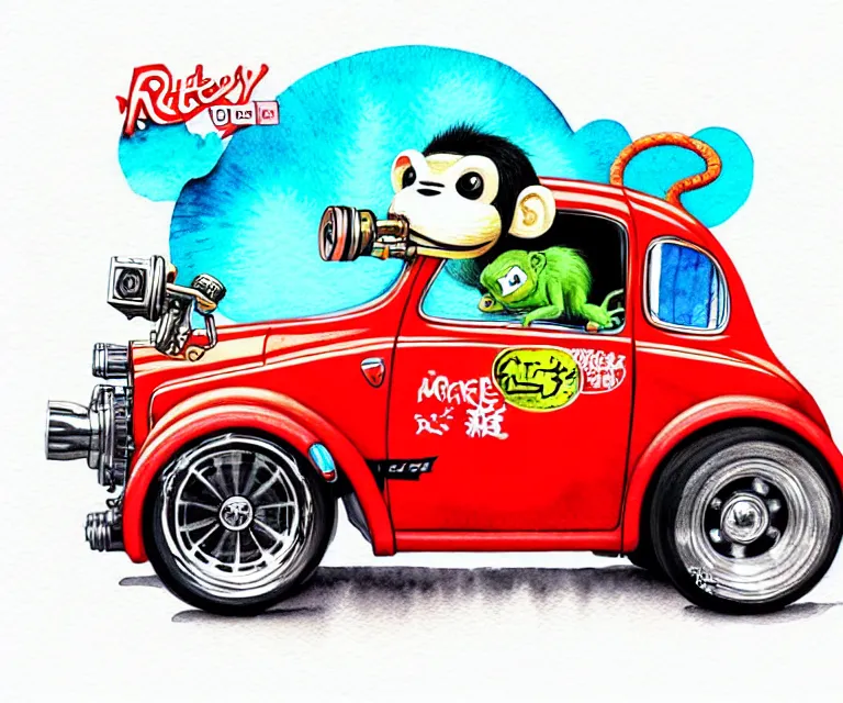 Image similar to cute and funny, monkey riding in a tiny hot rod with oversized engine, ratfink style by ed roth, centered award winning watercolor pen illustration, isometric illustration by chihiro iwasaki, edited by range murata, tiny details by artgerm, symmetrically isometrically centered