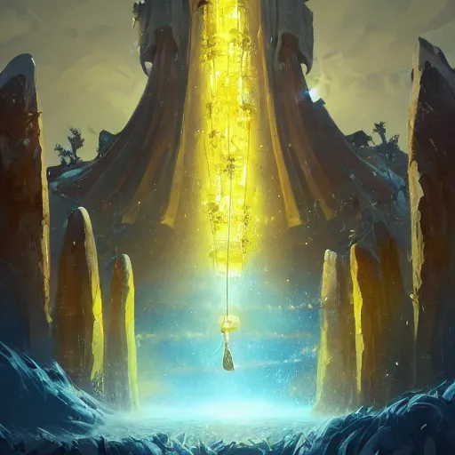 Image similar to a holy giant ringing bell made of gold, yellow theme, bright art masterpiece artstation. 8 k, sharp high quality artwork in style of jose daniel cabrera pena and greg rutkowski, concept art by tooth wu, blizzard warcraft artwork, hearthstone card game artwork, giant ringing bell