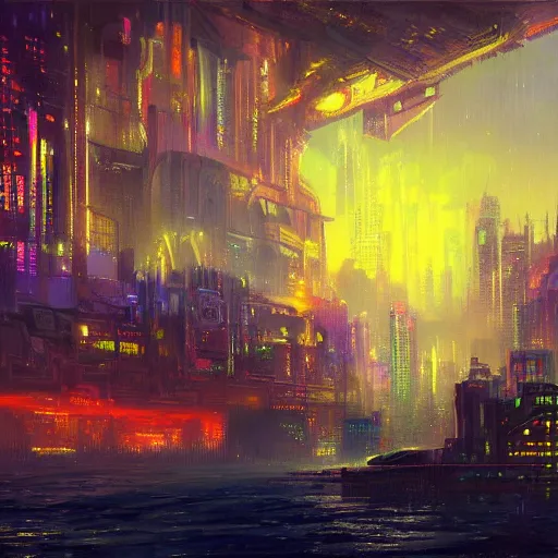 Prompt: a Stunning painting of A Great cyberpunk city on the sea by Paul Lehr,concept art,hyper detailed,digital art,highly realistic,8K Resolution