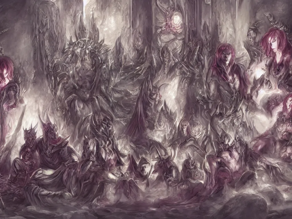 Prompt: Demon Lord and Demon Lady with their family in the Throne Room | fantasy art