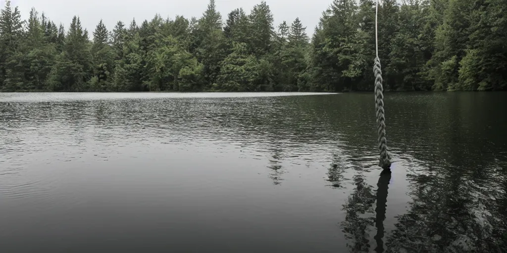 Image similar to centered photograph of a long rope zig zagging across the surface of the water, floating submerged rope stretching out towards the center of the lake, a dark lake on a cloudy day, color film, trees in the background, hyperedetailed photo, anamorphic lens