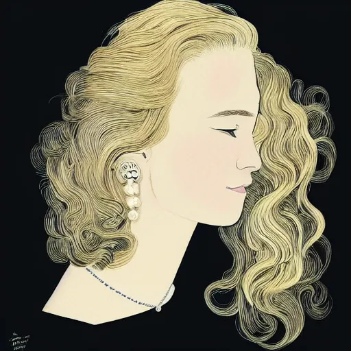 Image similar to Print. A beatiful portrait of a young woman, pictured from the shoulders up, wearing a pearl necklace and earrings. She has blonde hair that is styled in loose curls, and she is looking to the side with a soft expression. by Jillian Tamaki, by Mœbius minimalist, forbidding