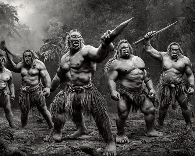 Image similar to hyper realistic group vintage photograph of a live action warcraft orc warrior tribe in the jungle, tall, hulk like physique, detailed faces, tribal paint, tribal armor, grain, old, monochrome, sepia toned, realistic lighting, wide angle