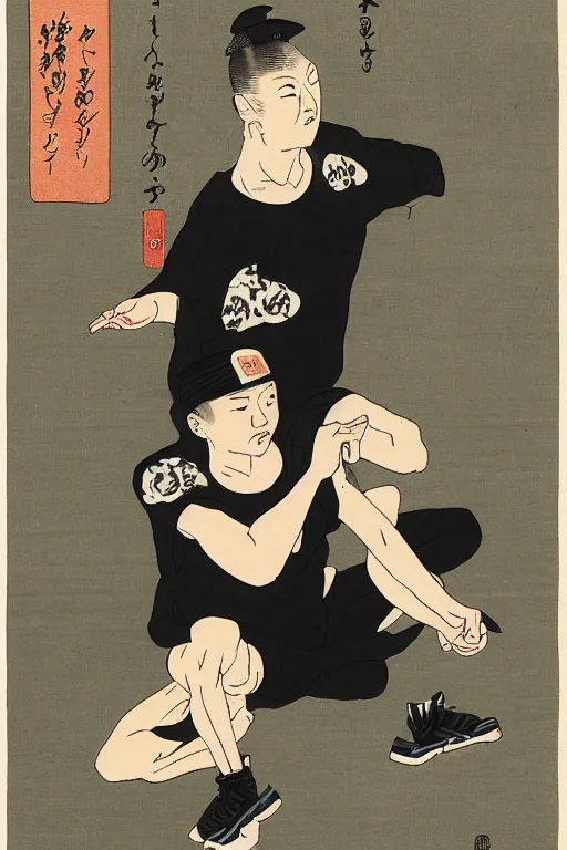 Image similar to Ukiyo-e art of gopnik in black adidas squatting under birch