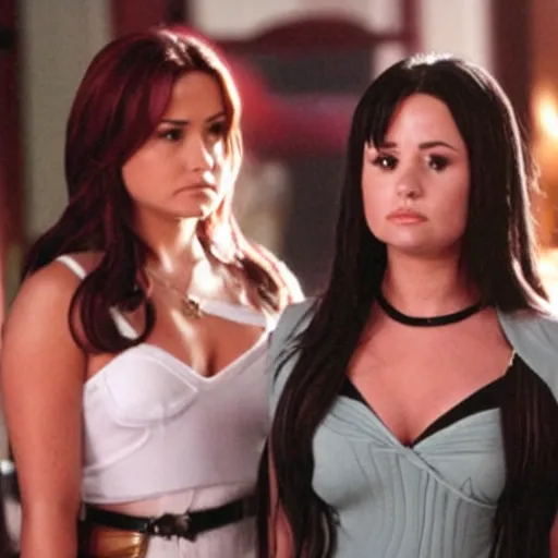 Image similar to Demi Lovato as Piper Halliwell and Selena Gomez as Phoebe Halliwell and Ariana Grande as Prue Halliwell in a Charmed movie directed by Christopher Nolan, movie still frame, promotional image, imax 35 mm footage