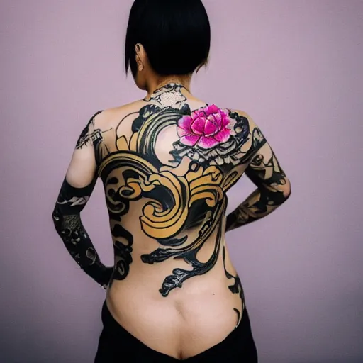 Image similar to photography of the back of a woman with a black detailed irezumi tatto representing a big gold tiger with pink flowers on her entire back, dark hangar background, mid-shot, editorial photography