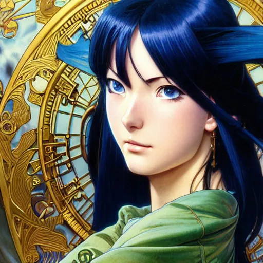 Image similar to highly detailed vfx portrait of nico robin by eiichiro oda!, makoto shinkai, alphonse mucha, masterpriece, art by artgerm and greg rutkowski!, blue eyes!!, large aquiline nose!!, gaston bussiere, stanley kubrick, kaoru mori, intricately detailed, behance, 4 k, hdr