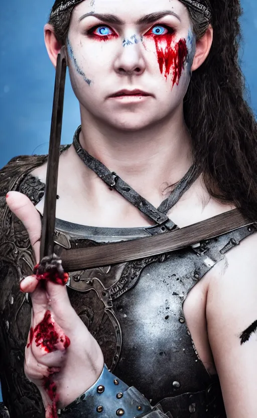 Image similar to photorealistic portrait of female viking warrior with black hair and bloody nose, blue eyes, porcelain skin, shoulders, determined