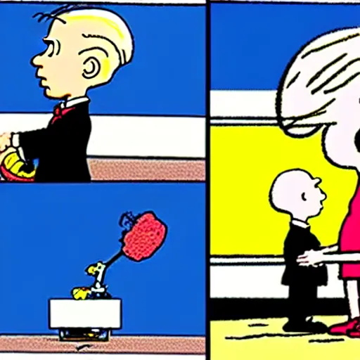 Image similar to a cartoon of joe biden as lucy pulling away the nuclear football before trump as charlie brown can kick it, cartoon in the style of peanuts by charles schulz