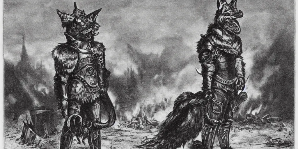 Image similar to anthropomorphic furry wolf in armor standing in front of a burning village, 1900s picture