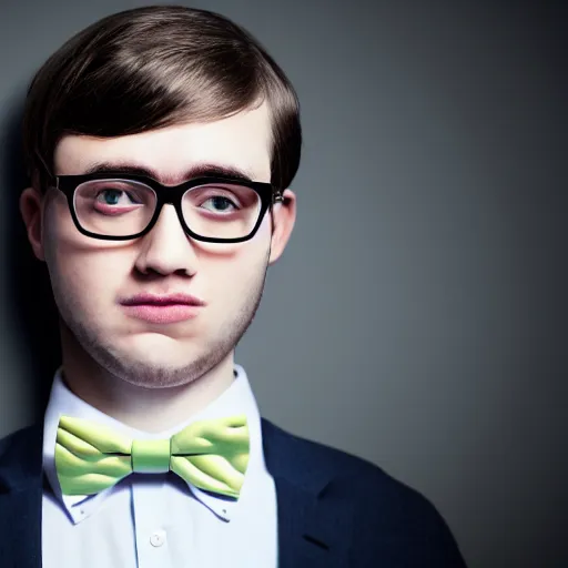 Prompt: film still photo portrait mugshot of a nerd with thick rimmed glasses and a white collared shirt and bowtie, realistic, hyperrealistic, 8 k resolution, hd quality, very detailed, highly detailed, intricate details, real life, real world, trending on artstation, digital art, really realistic, very realistic, headshot, head in frame, photograph, portrait, mugshot