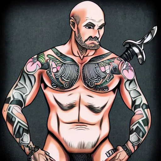 Image similar to muscular bald man, tattooed body, sword in hands, HD, anime style,