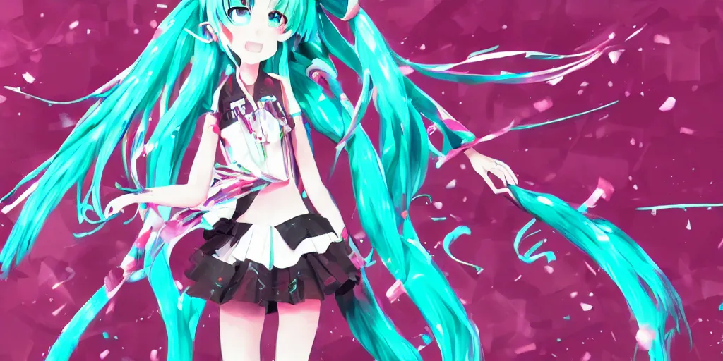 Image similar to hatsune miku preforming on stage , digital art, art station, trending on art station, anime, colorful art